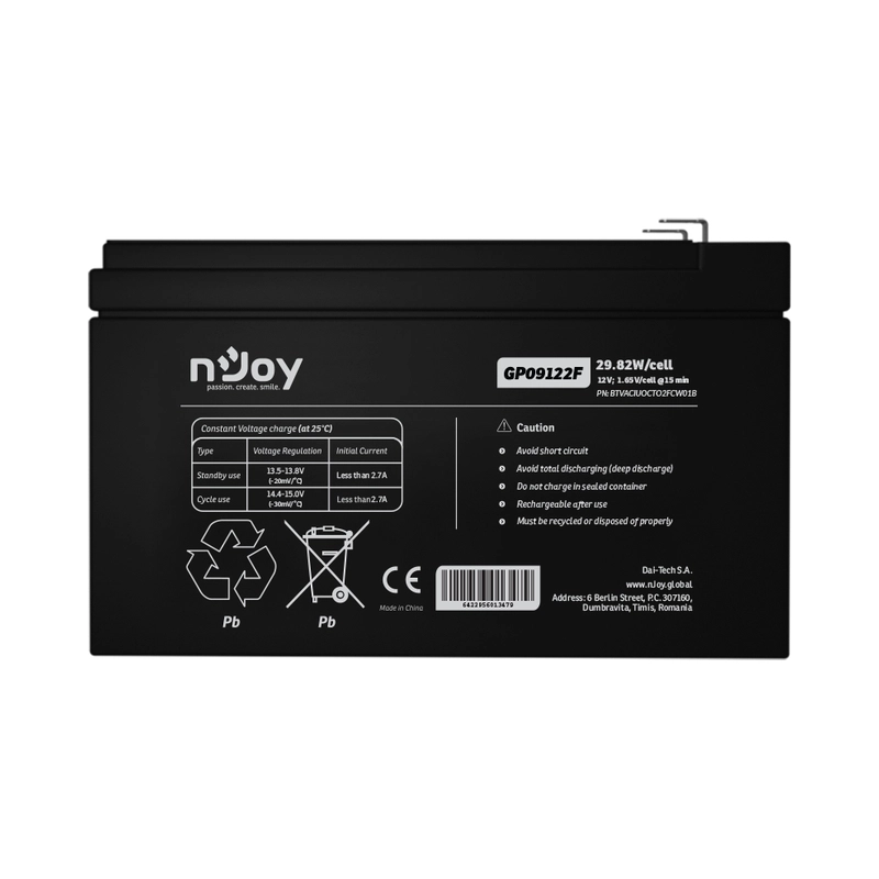 Батерия 12V 2982W/cell - 9Ah Тип VRLA без поддръжка F2 конектор - NJOY GP09122F
