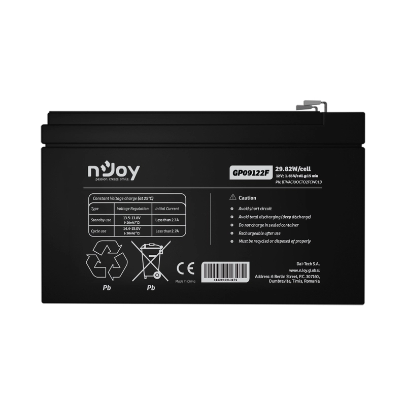 Батерия 12V 2982W/cell - 9Ah Тип VRLA без поддръжка F2 конектор - NJOY GP09122F