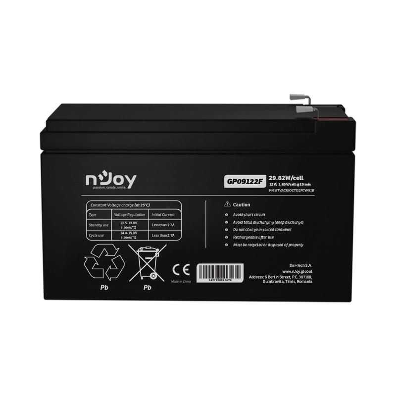 Батерия 12V 2982W/cell - 9Ah Тип VRLA без поддръжка F2 конектор - NJOY GP09122F