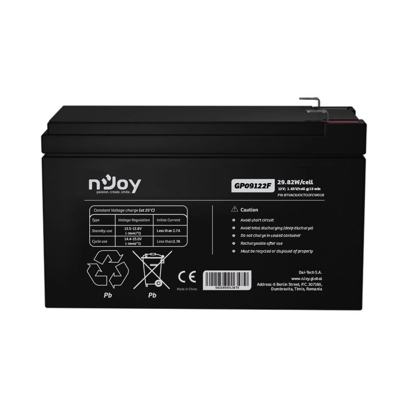 Батерия 12V 2982W/cell - 9Ah Тип VRLA без поддръжка F2 конектор - NJOY GP09122F