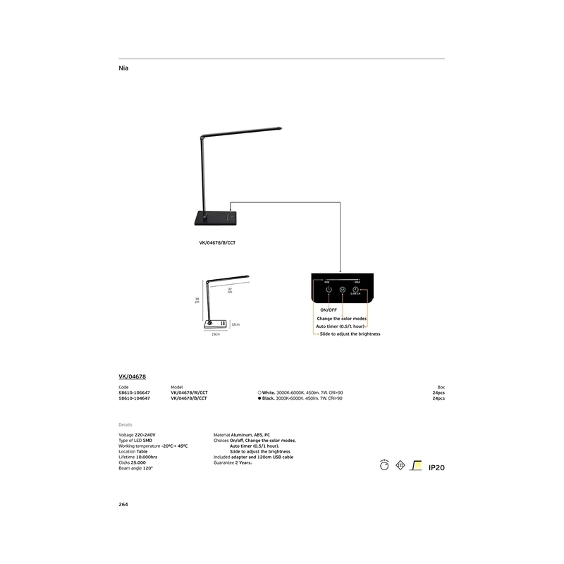 LED table/desk light, 3000K-6000K. 7W. 450lm. 220-240V. 120°. LED SMD. -20° C→ 45° C. 10,000hrs. CRI>90. dimmable, made of aluminum, ABS, PC. IP20, white - VK LED VK/04678/W/CCT