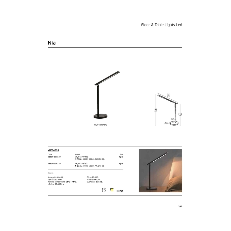 LED table/desk lamp, 220-240V, 7W, 4000K, 600lm, CRI>80, IP20, 32x43cm, dimmable, black - VK LED VK/04239/B/C